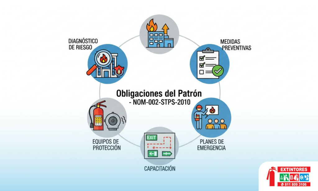 5 obligaciones del patrón según la NOM-002-STPS-2010: Diagnóstico de Riesgo, Medidas Preventivas, Equipos de Protección, Planes de Emergencia y Capacitación