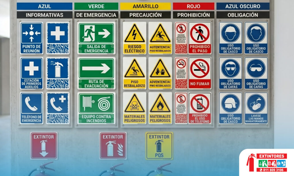 Tipos de señales de protección civil: informativas, de emergencia, precaución, prohibición y obligación.