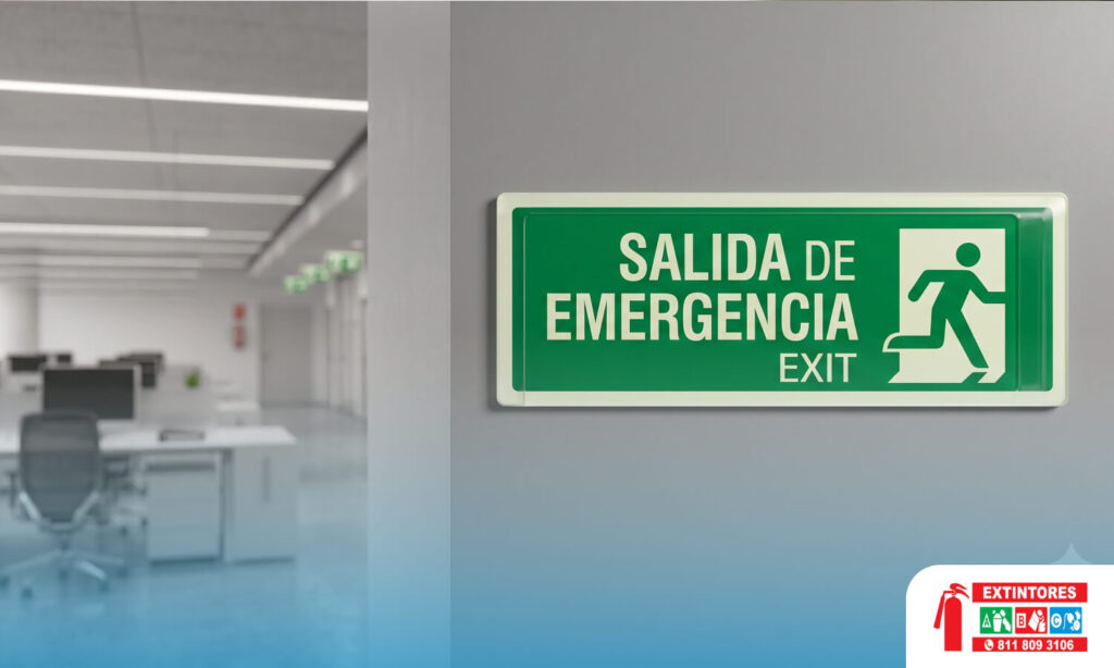 En una señal de salida de emergencia el símbolo y el texto van en blanco sobre el fondo verde.
